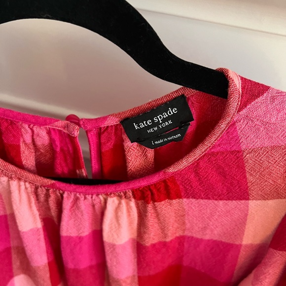 KATE SPADE PICNIC WOVEN FLUTTER-SLEEVE TOP LINEN BLEND DEEP HIBISCUS MULTI  L - Picture 6 of 15